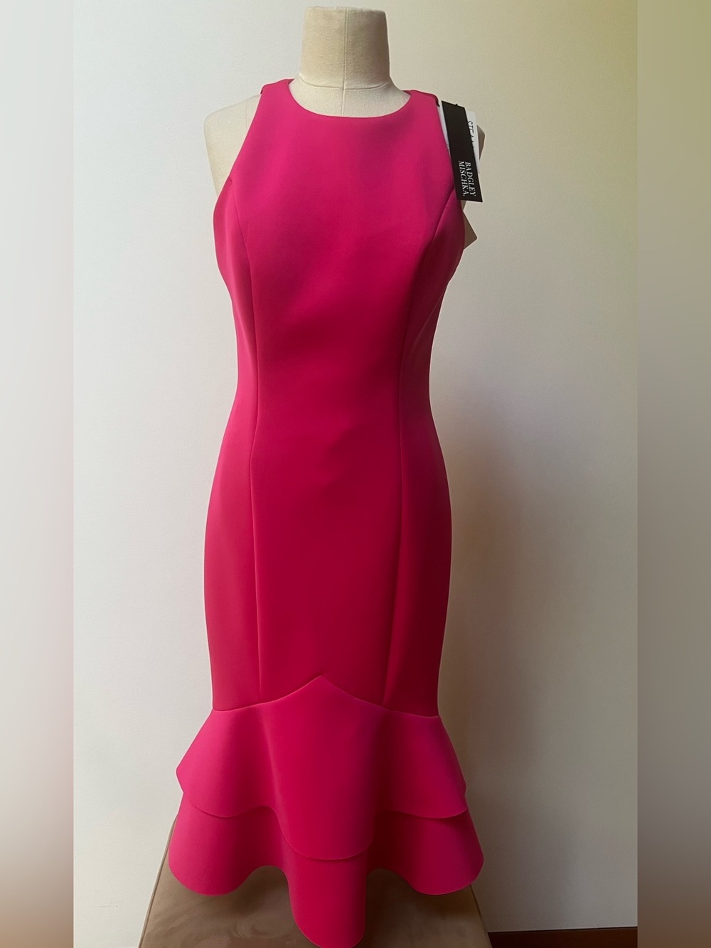 Badgley Mischka Fuschia Midi Dress Sleeveless with Ruffle Hem Size 8